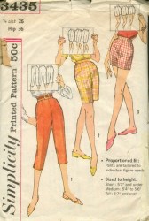 3435  Simplicity 60s PROPORTION PEDAL PUSHERS, SHORTS LENGTHS PATTERN 25'' WST or 30" Waist choice